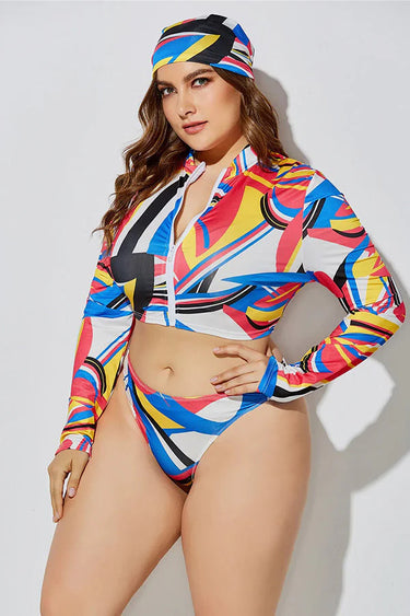 Abstract Line Pattern Long Sleeve Swimsuit & Rash Guard Set